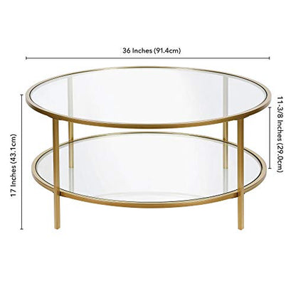 36" Wide Round Coffee Table with Glass Top in Brass, Round Coffee Table for living room, studio apartment essentials