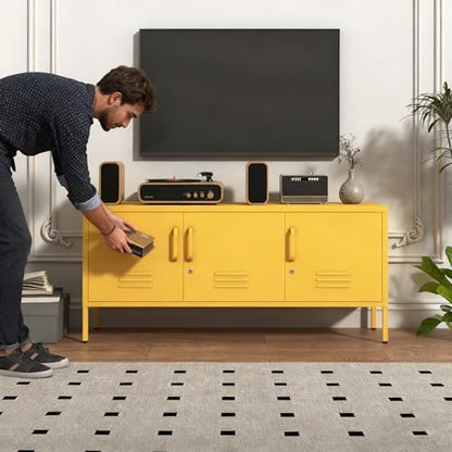 Yellow 3-Door Lockable Metal TV Stand Storage Cabinet with Storage Locker, view 3