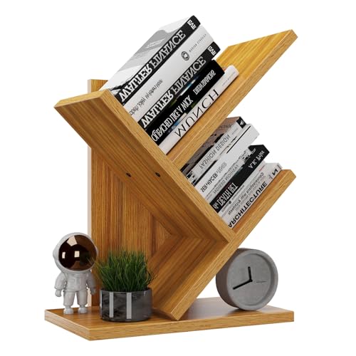 2 Tier Tree Bookshelf, Small Bookcase, Modern Wood Book Storage Rack Organizer, Freestanding Book Shelf for Books/Movies/CDs, Display Rack for Bedroom, Home Office, Natural UHBC012N