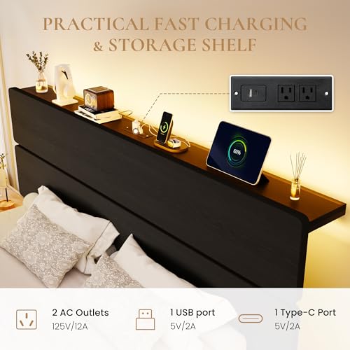 King Size Bed Frame, Led Light, Charging Station, Storage Shelf, view 5