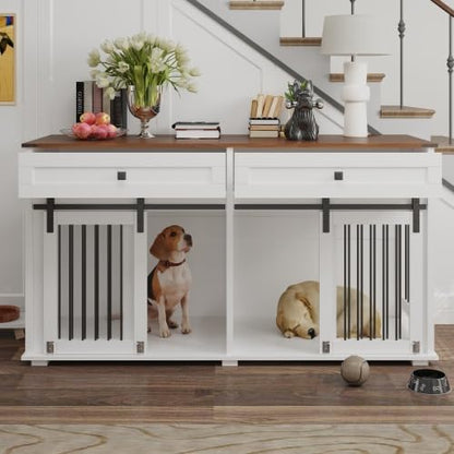 63'' Double Dog Crate Furniture, XXL Dog Kennel TV Stand,White