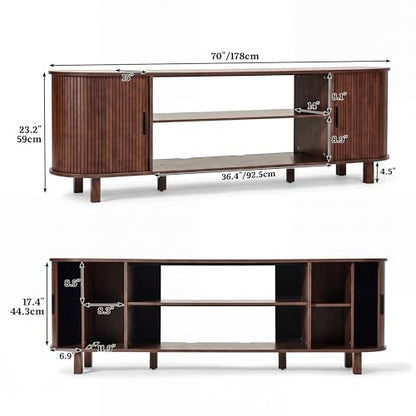 70" Mid Century TV Stand with Fluted Sliding Doors, Walnut, view 3