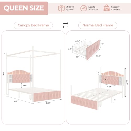Full Size Upholstered LED Canopy Bed Frame with 2 Drawers and & Charging Station, view 3