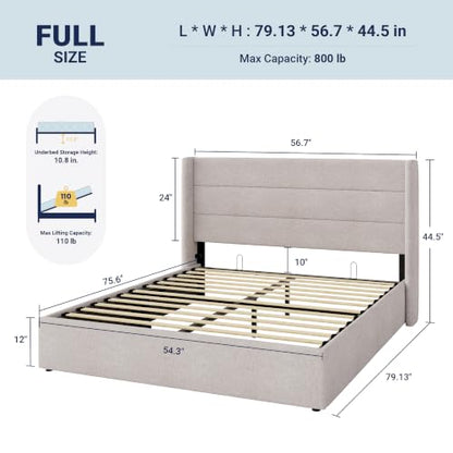 Full Size Lift Up Hydraulic Storage Bed Frame Light Beige, view 3