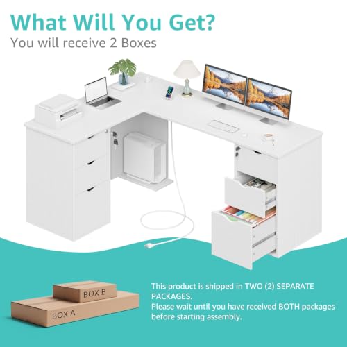 66" L Shaped Desk with 6 Lockable Drawers, White Corner Executive Desk, view 6