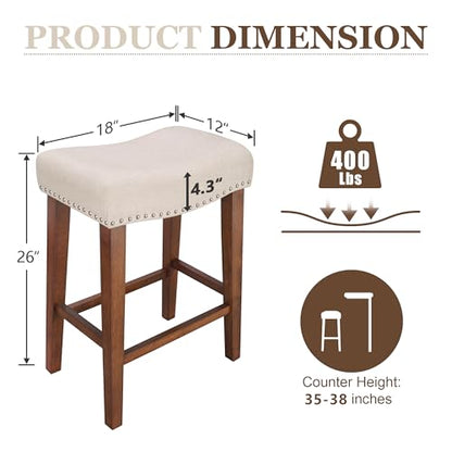 Counter Height Bar Stools Set of 3-26 Inch Backless Saddle Barstools with 4.3" Thick Upholstered, Nailhead Trim Linen Fabric & Solid Wood Legs, Counter Stools for Kitchen Island, Beige