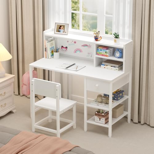 White Kids Desk and Chair Set for 6-12 Year Old, view 5