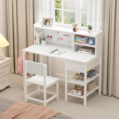 White Kids Desk and Chair Set for 6-12 Year Old, view 5