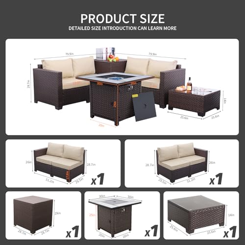 Patio Furniture Set 5 Pieces Outdoor Conversation Sets PE Rattan Couch Loveseat Resin Wicker Sectional Sofa with Storage Box Coffee Table and Propane Fire Pit, Khaki Cushion