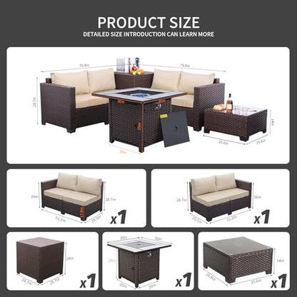 Patio Furniture Set 5 Pieces Outdoor Conversation Sets PE Rattan Couch Loveseat Resin Wicker Sectional Sofa with Storage Box Coffee Table and Propane Fire Pit, Khaki Cushion