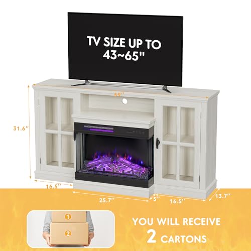Fireplace TV Stand up to 65", 3-Sided Glass, Distressed White, view 3