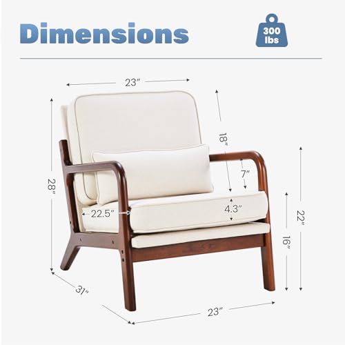 Accent Chairs Set of 2,Mid Century Modern Chair with Arms and Waist Cushion, Reading Chairs for Adults, Lounge Chair for Living Room and Bedroom, Solid Wooden Frame, Cream