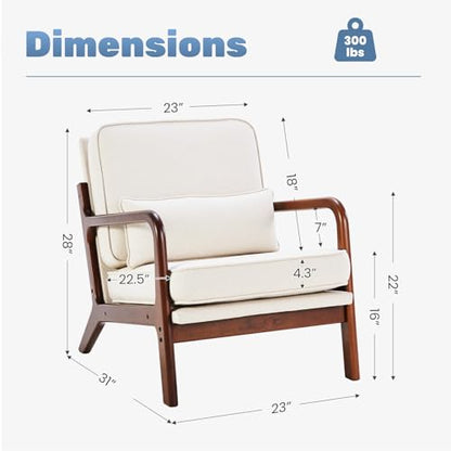 Accent Chairs Set of 2,Mid Century Modern Chair with Arms and Waist Cushion, Reading Chairs for Adults, Lounge Chair for Living Room and Bedroom, Solid Wooden Frame, Cream