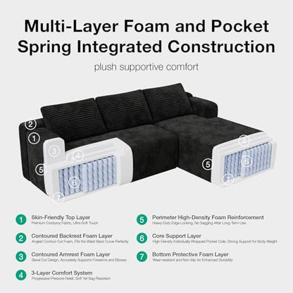 L-Shape Sectional Couches for Living Room with Smarts Coil® Support, 3 Seater Sectional Sofas for Living Room Bedroom, Corduroy Cloud Couch Sectional, No Assembly(Black, Right Hand Facing)
