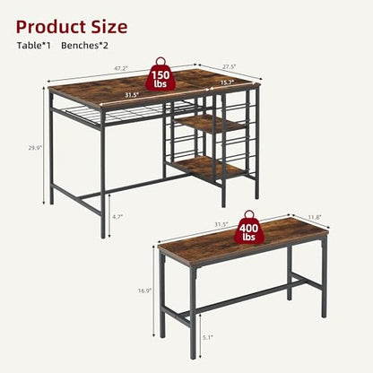 Dining Table Set for 4, Kitchen Table Set for 4 with 2 Benches, 3 Piece Dining Room Table Set for Small Space Apartment, Retro Brown