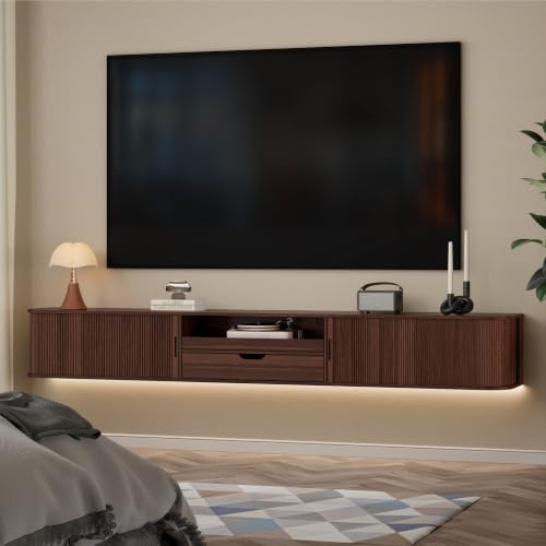 94.8" Floating Fluted TV Stand with Drawer & LED for TVs up to 100", Walnut, view 2