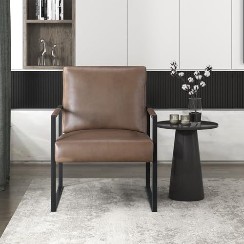 Modern Accent Chair, Faux Leather Upholstered Living Room Chair with Wrapped Armrests, Arm Chair with Black Metal Frame, Comfy Single Chair for Living Room/Bedroom/Reading Room/Office, Brown