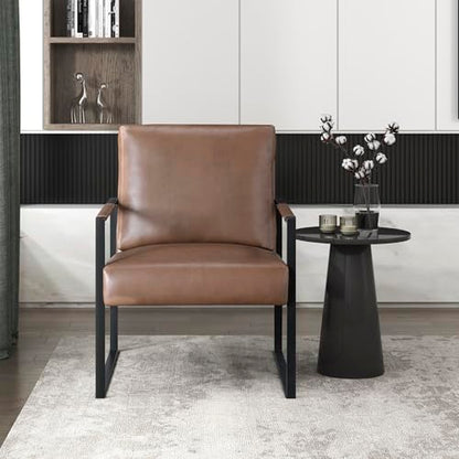 Modern Accent Chair, Faux Leather Upholstered Living Room Chair with Wrapped Armrests, Arm Chair with Black Metal Frame, Comfy Single Chair for Living Room/Bedroom/Reading Room/Office, Brown