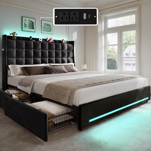 Queen Size Bed Frame with 4 Drawers and RGB LED Lights,USB Port, view 2