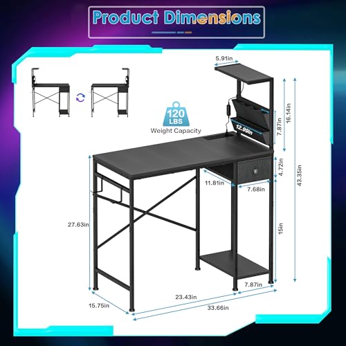 33.7 Inch Small Gaming Desk Table with LED Lights & Power Outlets, view 3