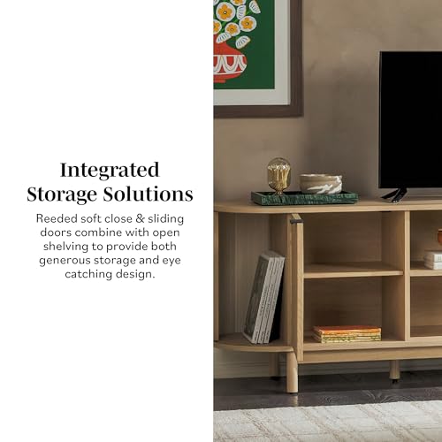 Chloe Curved Reeded TV Stand, Sliding Doors, 75 Inch, 70 inch, Coastal Oak