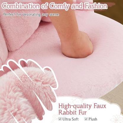 Fluffy Girls Vanity Chair with Back & Pillow,Cute Small Cozy Desk Chair No Wheels,Comfy Makeup Ch with Ajustable Gold Legs,for Bedroom,Living Room,Small Space,Pink