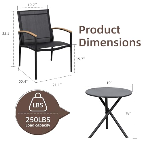 3 Pieces Patio Bistro Sets, Outdoor Textilene Fabric Conversation Bistro Set, Textilene Fabric Front Porch Chairs Small Patio Furniture Set with Table for Lawn,Garden,Balcony (Black)
