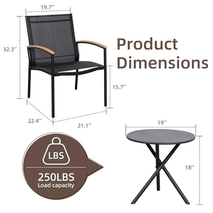 3 Pieces Patio Bistro Sets, Outdoor Textilene Fabric Conversation Bistro Set, Textilene Fabric Front Porch Chairs Small Patio Furniture Set with Table for Lawn,Garden,Balcony (Black)