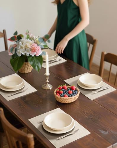 Beige Placemats Set of 6 - Heat-Resistant, Non-Slip Table Mats, Washable Woven Vinyl for Indoor & Outdoor Dining
