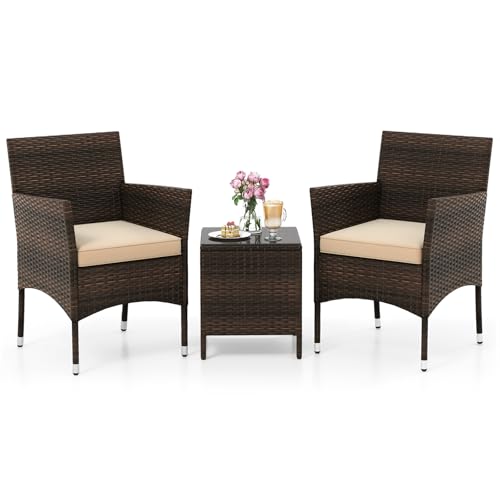 3 Piece Patio Furniture Set, Outdoor Wicker Patio Chairs with Soft Cushions & Tempered Glass Top Table, PE Rattan Bistro Set for Porch, Garden, Balcony (Beige)