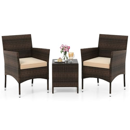 3 Piece Patio Furniture Set, Outdoor Wicker Patio Chairs with Soft Cushions & Tempered Glass Top Table, PE Rattan Bistro Set for Porch, Garden, Balcony (Beige)