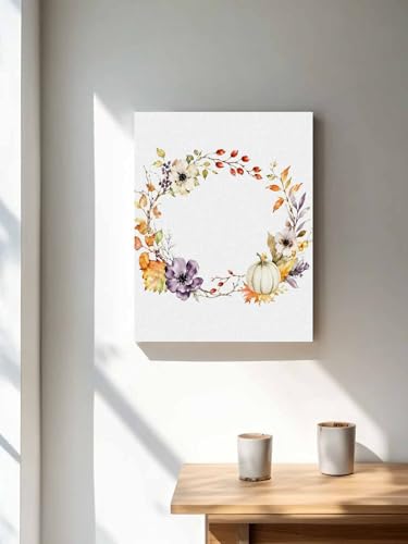 NuYeBiofx Autumn Pumpkin Flower Leaf Canvas Wall Art Prints,48"x32" Framed Picture Artwork Thanksgiving Plant Wreath Printed Canvas Oil Painting for Living Room Bedroom Office,Ready to Hang
