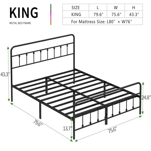 King Size Metal Bed Frame with Headboard and Footboard,Black, view 3