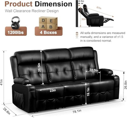 Recliner Sofa, Massage Reclining 3 Seater Sofa Sets Heavy Weight Capacity, RV Loveseat Couch Clearance with Storage, Cup Holders, Wall Hugger Recliners for Living Room & RV Campers