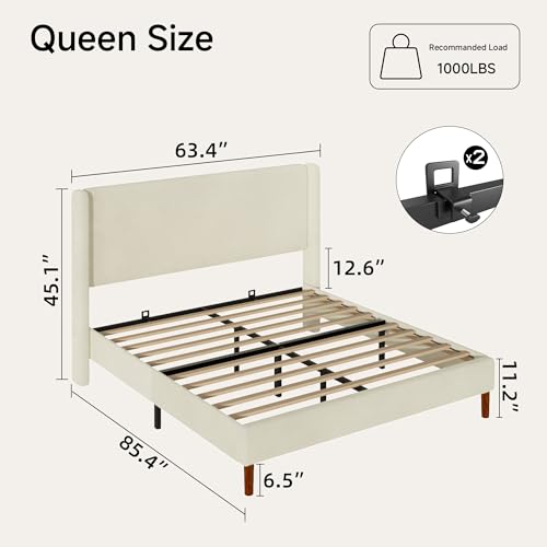 Queen Bed Frame, Boucle Upholstered Platform Bed with Wingback Headboard, view 3