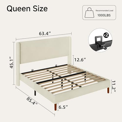 Queen Bed Frame, Boucle Upholstered Platform Bed with Wingback Headboard, view 3
