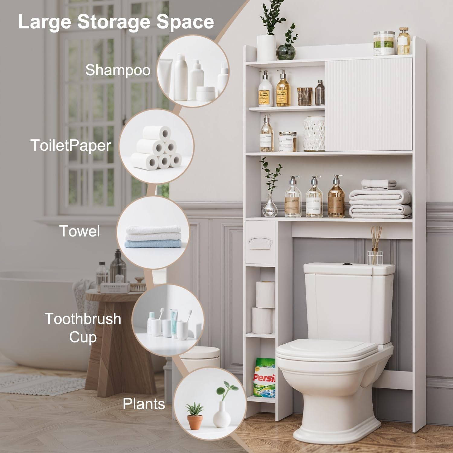 31.5" W over the Toilet Storage Cabinet with Sliding Door, Bathroom above Toilet Storage Cabinet with Adjustable Shelves, Toilet Paper Holder, Space Saver Cabinet for Bathroom, White