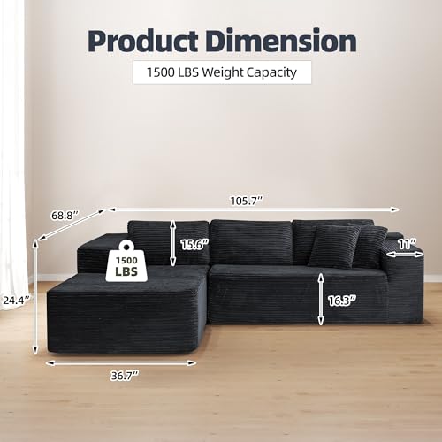 106" Cloud Sectional Couch with Chaise Lounge, L-Shape Modular Sectional Boneless Sofa with Deep Seat, Upholstered Couches for Living Room Bedroom, No Assemble, Black (Plush Corduroy Fabric)