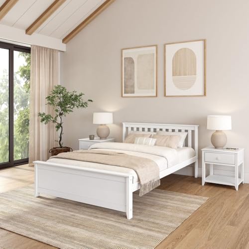 Solid Wood Queen Bed Frame, Platform Bed with Headboard, White, view 2