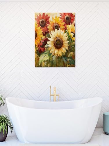 NuYeBiofx Farm Sunflower Oil Painting Art Canvas Wall Art Prints,48"x32" Framed Picture Artwork Yellow Red Blossom Floral Leaf Printed Canvas Oil Painting for Living Room Bedroom Office,Ready to Hang