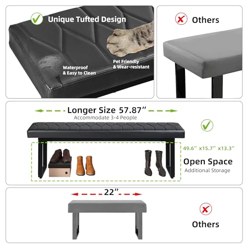 Black Faux Leather Benches Set of 2, 58 Inch Padded Seats, view 5