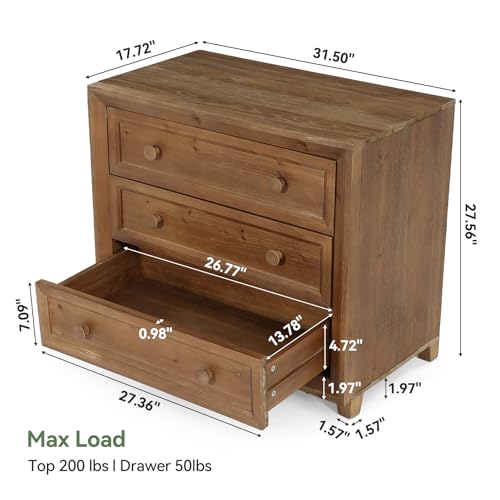 Solid Wood Nightstand with 3 Drawers Set of 2, 31.5” Wide Bedside Table with Round Wooden Knobs & Low-Profile Legs for Stability, Mid-Century Modern Night Table for Bedroom, Easy Assembly