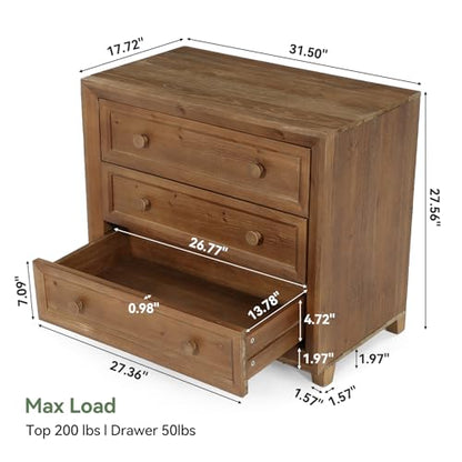 Solid Wood Nightstand with 3 Drawers Set of 2, 31.5” Wide Bedside Table with Round Wooden Knobs & Low-Profile Legs for Stability, Mid-Century Modern Night Table for Bedroom, Easy Assembly