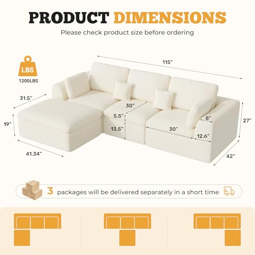 115" Cloud Boneless Sectional Couch, Deep Seat L Shaped Modular Couch with Ottoman, Oversized Upholstered Convertible 4 Seater Modular Sofa for Living Room,Black Chenille