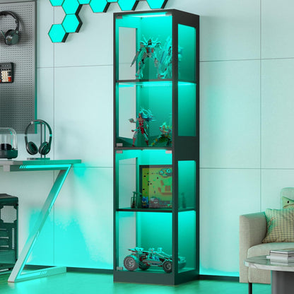 Display Cabinet with Glass Doors, 4-Tier Display Case with RGB Lights, Glass Toy Display Cabinet for Collectible, Curio Cabinets Collectibles Display Shelf for Playroom, Living Room (Black)