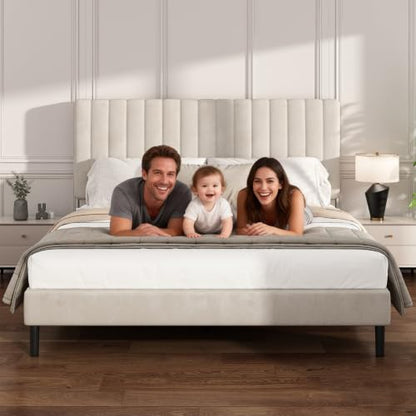 Queen Velvet Bed Frame with Vertical Channel Tufted Headboard Beige, view 8