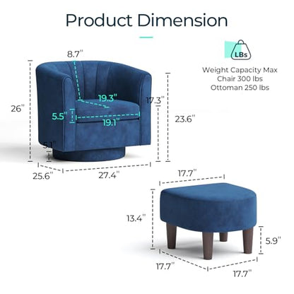 Swivel Accent Chair with Ottoman: Small Velvet Barrel Chair 360 Swivel Modern Armchair, Upholstered Reading Chair with Footrest for Living Room Bedroom Study Room (Blue)