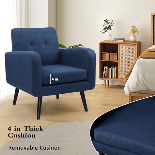 Modern Accent Chairs, Upholstered Fabric Cozy Armchairs, Living Room Side Chair with Solid Wood Legs, Blue