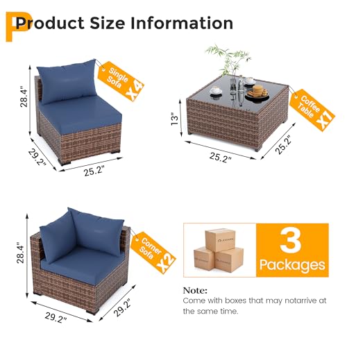 Patio Furniture Set Modular Outdoor Sectional 7 Piece Wicker Patio Set, Multiple Combinations Sectional Sofa w/Coffee Table, Navy Blue