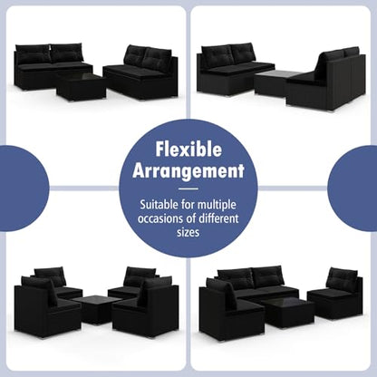 5 Piece Rattan Sofa Set, Outdoor Wicker Furniture Set w/Seat & Back Cushions, Square Coffee Table, Patio Sectional Sofa Set for Backyard, Poolside, Garden (Black)
